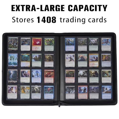 Card Binder 16 Pocket,Trading Card Binder Holds up to 1408 Cards with 44 Sleeves,Zipper Card Holder Album Compatible with TCG/Sports Cards-Black - color: Black