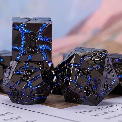 Cracked Rune Metal Dice Set for DND & RPG – Dark Fantasy Fractured Design, Premium Heavy Metal Polyhedral Dice with Deep Engraved Numbers, 7-Piece Set – Blue Arcane Vein - color: Black Nickel Blue