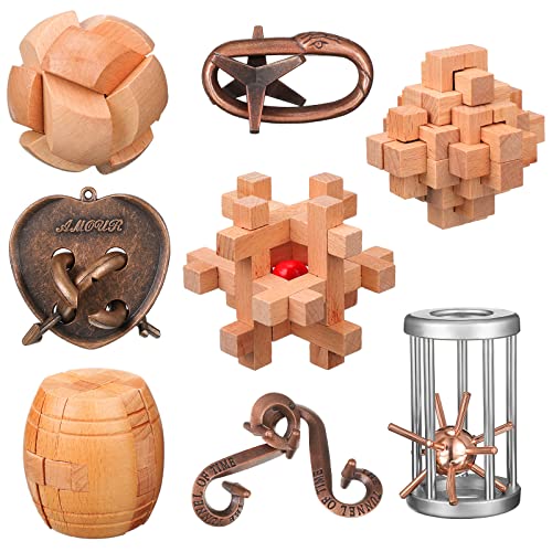 Wettarn 8 Pcs Brain Teaser Puzzles for Adults Logic Wooden Brain Teasers Mind Puzzles and Metal Puzzle Fidget Fun Educational IQ Games 3D Unlock Interlock for Adults Gift