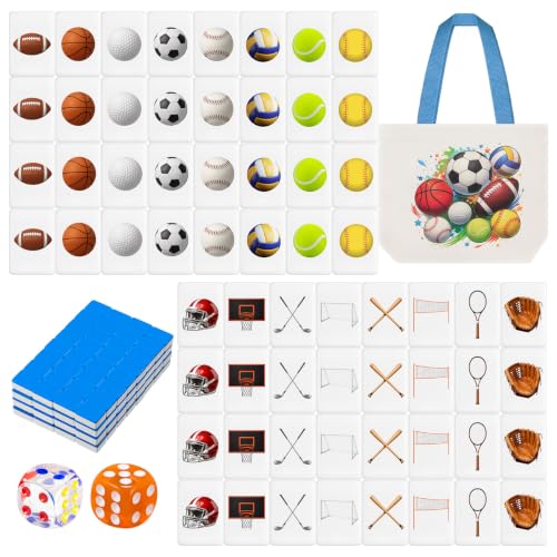 Hollowfly 2 Player Mahjong Block Set with Storage Bags 65 Tiles 30 mm Mahjong Push Tile Game with Sports Pattern No DIY Required for Friend Family Game Night Party Gift - style: Sports