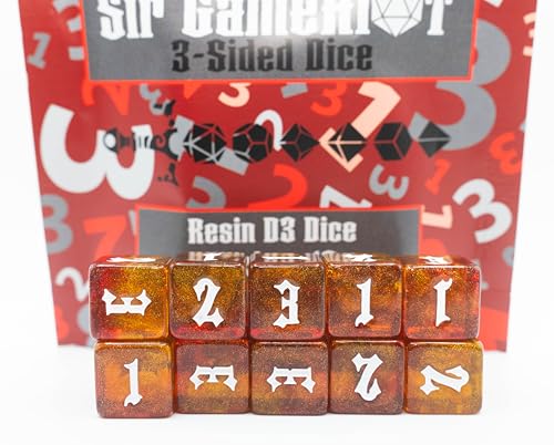 Custom Made Resin d3 (3-Sided Dice) - Set of 10 | Sir GameAlot | Glitter 6-Sided dice Numbered 1 to 3 | Use for Dungeons and Dragons DND, Warhammer and Other Games that Need a Three Sided roll - style: D3 Set of 10