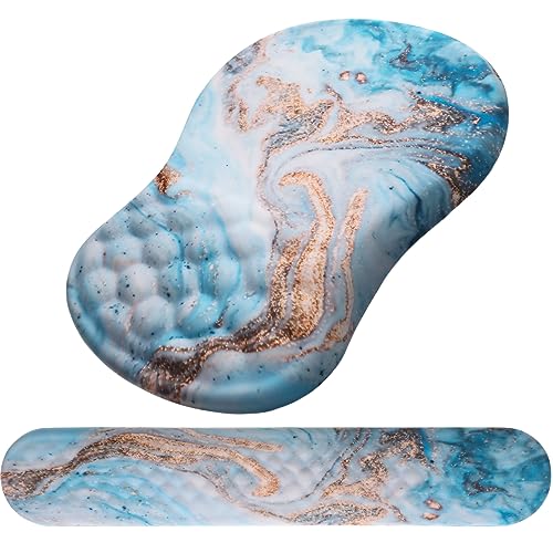 Ergonomic Mouse Pad with Wrist Support and Keyboard Wrist Rest Set | Memory Foam Wrist Cushion, Non-Slip PU Base, Massage Design, Relieves Wrist Pressure for Work, Gaming & Office Use - color: White Gold Beach Marble