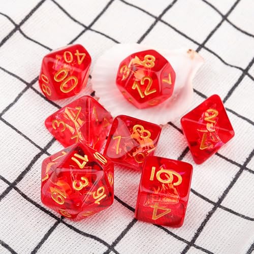 Haxtec Red DND Dice Set 7PCS Filled Resin Polyhedral D&D Dice W/Iridescent Mylar Inclusion Role Playing Dice with Dice Bag Compatible with Dungeons and Dragons Gift - color: Red Gold