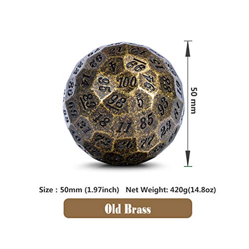 DNDND Old Brass D100 Dice Metal Single 100 Sided Polyhedral Dice with Metal Case and Velvet Pouch(Old Brass with Black Number) - color: Old Brass With Black Number