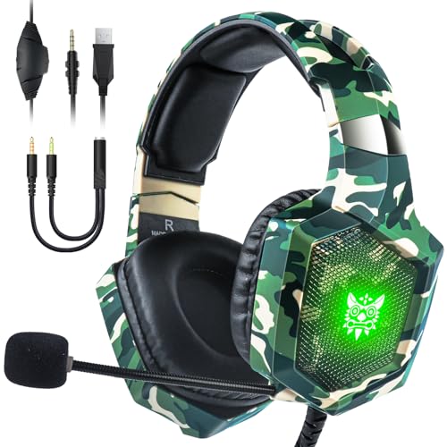 Nanddi Gaming Headset with Microphone, Gaming Headphones for PS4 PS5 Xbox One PC with LED Lights, PlayStation Headset with Noise Reduction 7.1 Surround Sound Over-Ear and Wired 3.5mm Jack (Green) - color: Camo Green