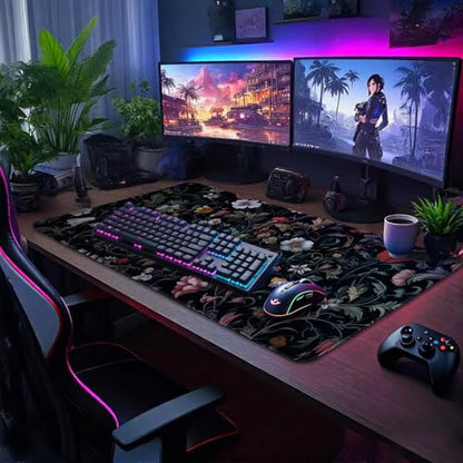 Dark Floral Pattern Large Gaming Mouse Pad Desk Mat 31.5"x15.7" | Extended Mousepad, Non-Slip Rubber Base , Stitched Edges, for Computer/Laptop/Office/Home - color: Dark Floral Pattern