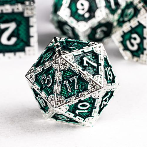 UDIXI Metal DND Dice Set, Metal Dice Set D&D for Tabletop Games (Green) | 7-Pieces, Dragon Carved, Chain-edge Design, Metal Gift Box, DM Gift, for Dungeons and Dragons Role Playing Games - color: Chain Frame-silver Green