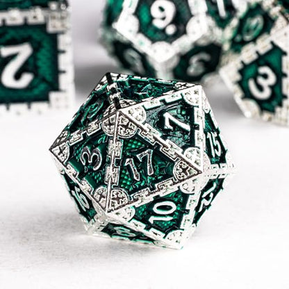 UDIXI Metal DND Dice Set, Metal Dice Set D&D for Tabletop Games (Green) | 7-Pieces, Dragon Carved, Chain-edge Design, Metal Gift Box, DM Gift, for Dungeons and Dragons Role Playing Games - color: Chain Frame-silver Green