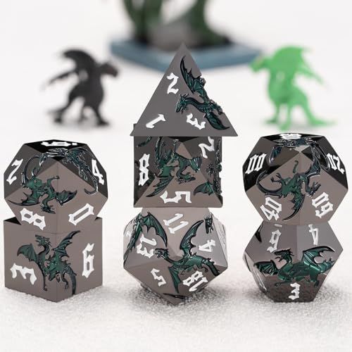Sharp Edge Metallic DND Dragon Dice Set,Metal Polyhedral Dice with Dragon for Dungeons and Dragons RPG TTRPG D&D 7-Die Set with Gift Case - color: Dragon-black Nickel Sparkle Deep Green