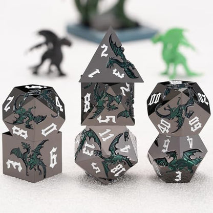 Sharp Edge Metallic DND Dragon Dice Set,Metal Polyhedral Dice with Dragon for Dungeons and Dragons RPG TTRPG D&D 7-Die Set with Gift Case - color: Dragon-black Nickel Sparkle Deep Green