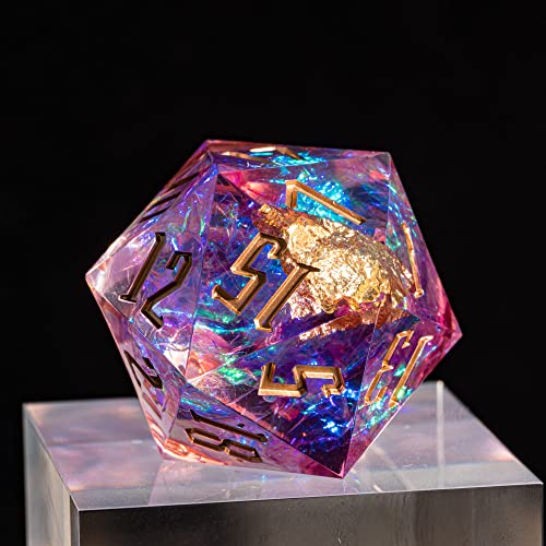 Cusdie Single D20 DND Dice with Sharp Edges and Glitter Foil Inclusions, 20 Sided D&D Dice, 33mm Handcrafted, for Role Playing Game (Pink) - color: White