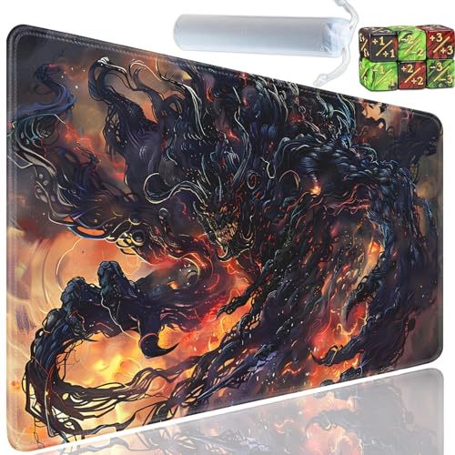 Playmat for MTG, 24x14 Inches Playmats, for TCG and CCG Trading Card Game Mat, Non-Slip Rubber for MTG Playmats with A Storage Bag and 6 Dice Set, Dark Evil Spirit Pattern Black - color: Yu-Playmat-1-D106