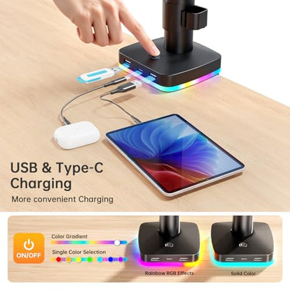 Afaloona RGB Convertible Laptop and Monitor Mount with USB Hub, Adjustable | RGB USB hub with 1 USB-C & 2 USB-A ports for charging and data transfer, fits 13-32" monitors or 11-17" laptops, up to 18 lb - size: RGB Laptop Stand