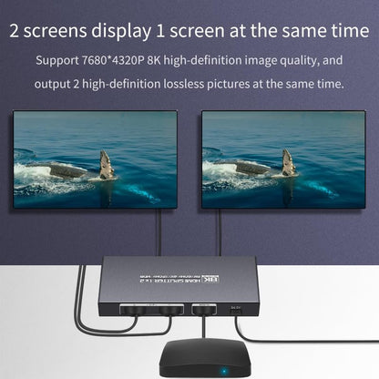 8K HDMI Splitter 1 in 2 Out 4K 120hz，HDMI 2.1 Splitter 1x2 8K 60Hz, Downscaler EDID Mode, with Spdif, 3.5mm Audio Out, Compatible with Xbox Series X, PS4 Pro, PS5, Blu-ray Player