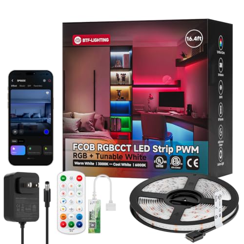 BTF-LIGHTING UL Listed RGBCCT COB LED Strip Light, DC24V 16.4FT RGB+Tunable White 3000K-6000K Color Changing LED Strip Light, with Remote/Bluetooth Music Controller for Home Party Indoor DIY Lighting - size: 16.4FT