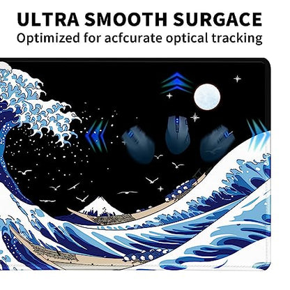 Gaming Laptop Mouse Pad,Sea Wave Big Mice Pads PC Keyboard Waterproof and Non-Slip 47.2" x 23.6" 0.15" Thick XL,XXL Rubber Table Mat, Kanagawa Surfing and Black Japanese Mouse Pads - color: A Kanagawa Surfing, size: 47.2" x 23.6"