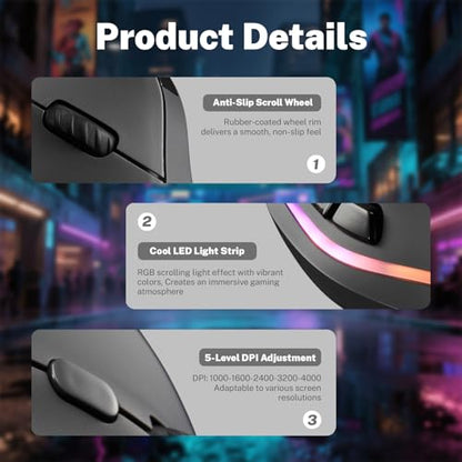 Gaming Mouse with Display, Wireless Vertical Ergonomic Mouse with Tri-Mode Connectivity, 7 Programmable RGB Buttons, 4000 DPI, Rechargeable for PC Laptop Mac - color: Gray