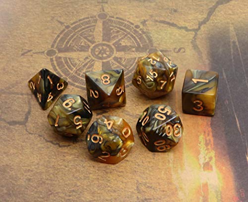 DND Polyhedral Dice for Dungeon and Dragons D&D RPG Role Playing Games Gold Black Dice with Dice Bag - color: Brown Mix Black