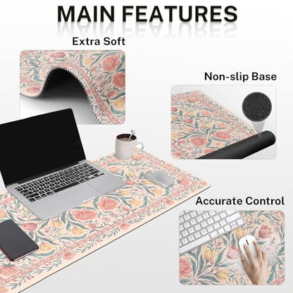 Britimes Pink Floral Keyboard Mouse Pad Set Retro 4in1 Large Mousepad+Keyboard Wrist Rest+Mouse Wrist Rest+Coaster Ergonomic Design for Home Office Computer 35.4x15.7 inches - color: Colorful Wildflowers