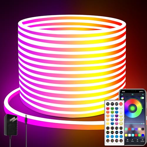 65.6FT LED Neon Rope Lights,24V RGB LED Neon Lights with Remote/APP Control,IP65 Waterproof Flexible Neon LED Strip Lights for Bedroom Room DIY Decoration（with Snap &Screws） | IP65 Waterproof Flexible RGB LED Neon Rope Lights for Bedroom Room DIY Decorati