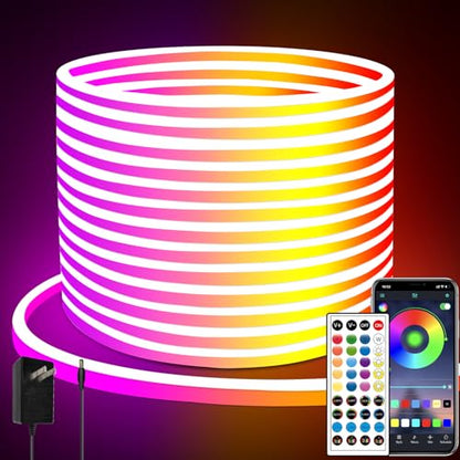65.6FT LED Neon Rope Lights,24V RGB LED Neon Lights with Remote/APP Control,IP65 Waterproof Flexible Neon LED Strip Lights for Bedroom Room DIY Decoration（with Snap &Screws） | IP65 Waterproof Flexible RGB LED Neon Rope Lights for Bedroom Room DIY Decorati