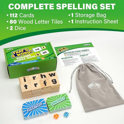 BenBen Family Spelling Games with 112 Flash Cards & Wooden Letter Tiles, CVC Sight Word Building Phonics Game for Kids Ages 4+ & Adults, 1–4 Players, Learning Toys for Home or Classroom