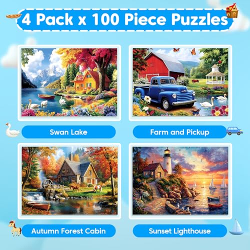 100 Piece Puzzles - 4 Themed Landscapes Large Piece Puzzles for Senior Adults Kids Puzzle Ages 5-8 Jigsaw Puzzle for Kids Ages 4-6 6-8 8-10 Year Old Educational Toys for Girls Boys 4-Pack - style: Swan Lake Autumn Forest Cabin Lighthouse