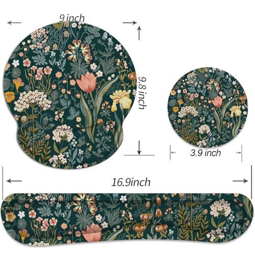 Ergonomic Mouse Pad with Wrist Rest and Keyboard Wrist Rest, Mousepad and Wrist Rest for Computer Keyboard, Pain Relief, Non-Slip Rubber Base, Mouse Pad Wrist Support for Gaming, Green Flowers - color: Green Flowers