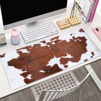 Brown Cowhide Print Gaming Mouse Pad, Extended Large Mouse Mat Desk Pad, Big Computer Keyboard Desk Pad, Stitched Edges Mousepad, 3mm Thick Long Non-Slip Rubber Base Mice Pad, 31.5 X 11.8 Inch - color: Brown Cowhide Print