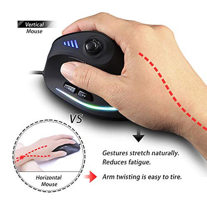 Vertical Mouse, Ergonomic USB Wired Vertical Mouse with [5 D Rocker] [10000 DPI] [11 Programmable Buttons], RGB Gaming Mouse for Gamer/PC/Laptop/Computer