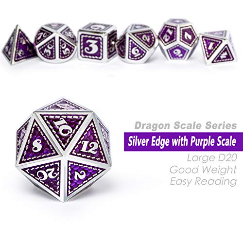 DNDND Metal Dice Set, 7 Pieces Polyhedral Dragon Scale Metallic Die with Gift Metal Case for Dungeons & Dragons D&D (Purple with Silver Edge) - color: Purple With Silver Edge