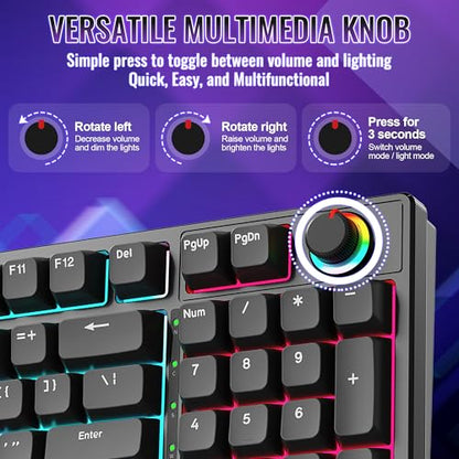 Mechanical Gaming Keyboard with Red Switches: 98 Keys PC Gaming Keyboard with Backlit，Multi-Function Volume & Lighting Knob,Anti-Ghosting Wired USB keybaord for Elite PC/Mac Gamers