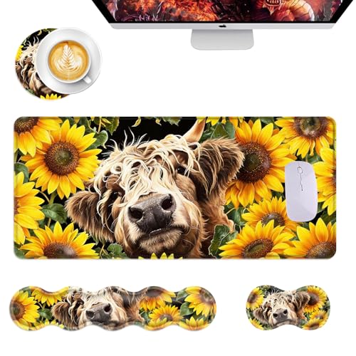 Mouse Pad,Large Desk Mat Set, 4in1 XL Mousepad + Keyboard Wrist Rest+Mouse Wrist Rest+Coaster with Ergonomic Desk Pad for Home Office Table Computer Cover -Highland Cow Sunflower - color: Highland Cow Sunflower