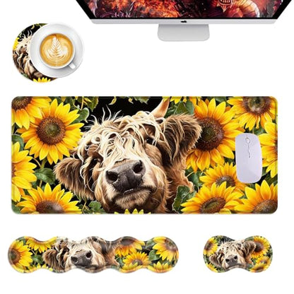 Mouse Pad,Large Desk Mat Set, 4in1 XL Mousepad + Keyboard Wrist Rest+Mouse Wrist Rest+Coaster with Ergonomic Desk Pad for Home Office Table Computer Cover -Highland Cow Sunflower - color: Highland Cow Sunflower