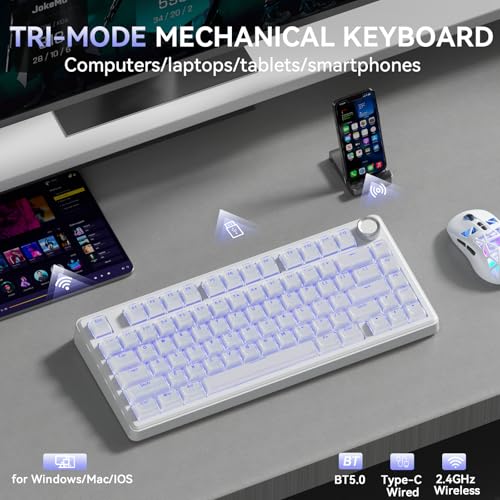 SOLAKAKA A75 Wireless Gaming Keyboard with Multifunction Knob, BT5.0/2.4GHz/USB-C, 75% Mechanical Keyboard, Hot-Swappable, Gasket Creamy Keyboard with RGB Backlit, Crystal Keycaps, for PC/Mac/PC - color: Crystal-White