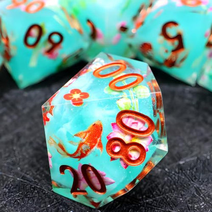 XENOLUX Polyhedral Resin DND Dice Set - Sharp Edge RPG Dice with Koi Fish and Lotus Inclusions, Cyan Tabletop Board Games Accessories in Tin Box for Dungeons and Dragons (L23) - color: L23