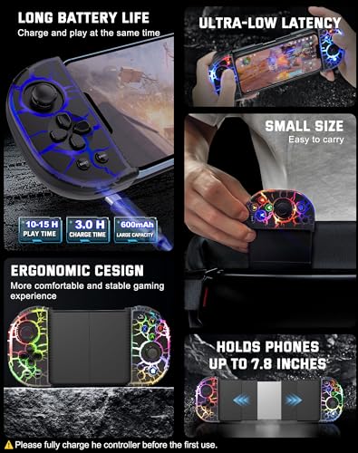 Joso Phone Controller for iPhone, Android, wireless Game Joystick with Hall Effect Joystick/Turbo, RGB Controller for iPhone 16/15/14/13/12 Series, Galaxy S24/23/S22/S21 Series Play COD Mobile & More - color: Black Crack