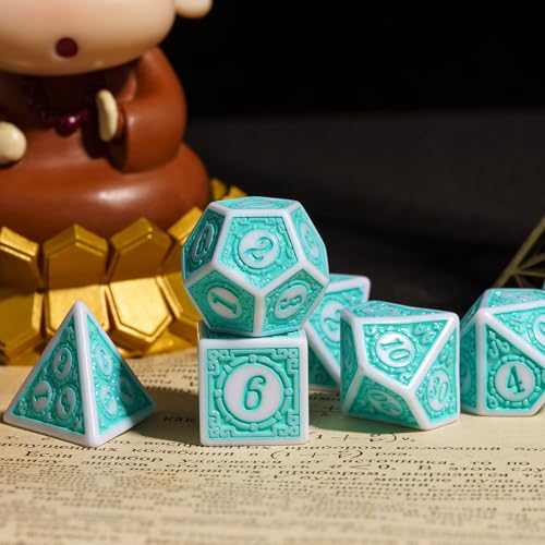 7PCs DND Dice Set, Unique Window Lattice Pattern D&D Dice Set with Leather Dice Bag, Polyhedral Dice for RPG, Table Games (Cyan/White) - color: Cyan With White Edge