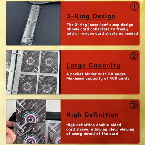 Card Binder 4 Pocket Holder 400 Cards With Zipper,Collection Binder Album Case with 50 Removable Sleeves for Trading Cards