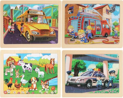 Puzzles for Kids Ages 4-6, 4 Packs 24 Piece Wooden Jigsaw Puzzle for Toddlers 5-8, Preschool Educational Puzzle Boards Toys Gifts for 4 5 6 7 8 Girls Boys - color: School Bus