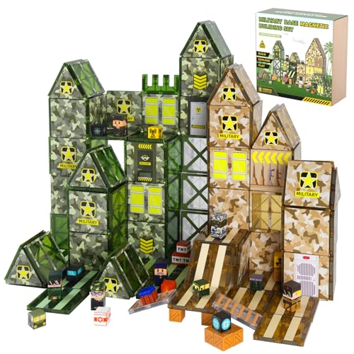 Bmag 109 PCS Military Magnetic Tiles Set, Army STEM Building Toys, Camo Printed Construction Blocks, Educational Play Gifts for Boys Girls Ages 3-12 - size: 109PCS