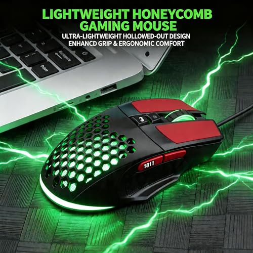 【 Plug and Play - 59 Inch Cable 】 Wired Gaming USB Mouse - Honeycomb Hollow - Anti-Slip - RGB Lighting - Ultra Lightweight Design - 4 Adjustable DPI - Office & Gaming Universal - color: Black, size: Professional Mouse