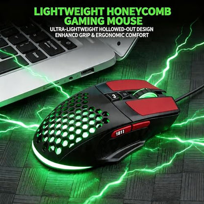 【 Plug and Play - 59 Inch Cable 】 Wired Gaming USB Mouse - Honeycomb Hollow - Anti-Slip - RGB Lighting - Ultra Lightweight Design - 4 Adjustable DPI - Office & Gaming Universal - color: Black, size: Professional Mouse