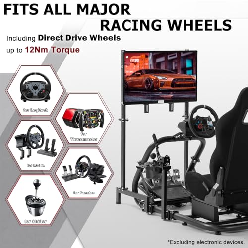 Supllueer Racing Sim Cockpit with Ergonomic Seat and Single Monitor Stand | 50mm Large Round Tube Simulator Stand Fit for Logitech/Fanatec/Thrustmaster G27 G923 G920 , No Steering Wheel Shift Pedal TV