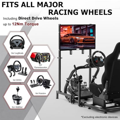 Supllueer Racing Sim Cockpit with Ergonomic Seat and Single Monitor Stand | 50mm Large Round Tube Simulator Stand Fit for Logitech/Fanatec/Thrustmaster G27 G923 G920 , No Steering Wheel Shift Pedal TV
