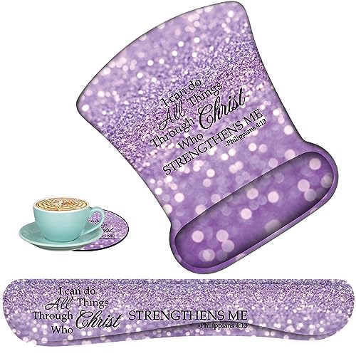 Keyboard Wrist Support + Wrist Mousepad + Coaster Combination, Non-Slip PU Base, with Gel Memory Mousepad, Suitable for Gaming, Office Pain Relief Mousepad Set - Purple Glitter Quote Philippians 4-13 - color: Purple Glitter Quote Philippians 4-13