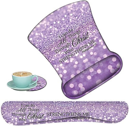 Keyboard Wrist Support + Wrist Mousepad + Coaster Combination, Non-Slip PU Base, with Gel Memory Mousepad, Suitable for Gaming, Office Pain Relief Mousepad Set - Purple Glitter Quote Philippians 4-13 - color: Purple Glitter Quote Philippians 4-13