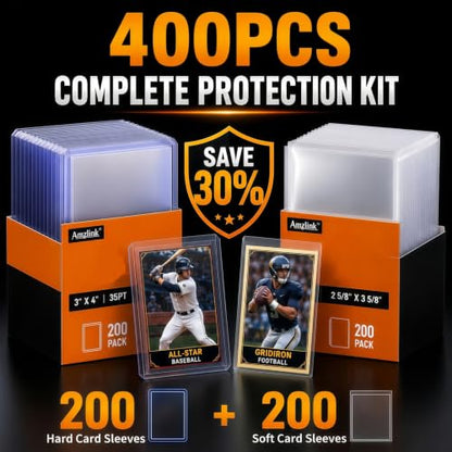Amzlink® 400 Card Sleeves Toploads for Cards, 3" x 4" Baseball Card Protectors, Premium Standard Size Trading Hard Plastic Card Holder for Sports Football Cards(200 Hard Protectors +200 Soft Sleeves)