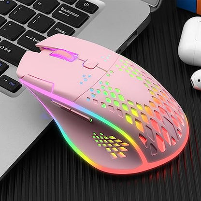 VEGCOO Wireless Gaming Mouse, C30 Silent Click Wireless Rechargeable Gaming Mouse with Double-Click Key and Colorful LED Lights, 3 Level Adjustable DPI for Gaming and Working (Pink) - color: Pink