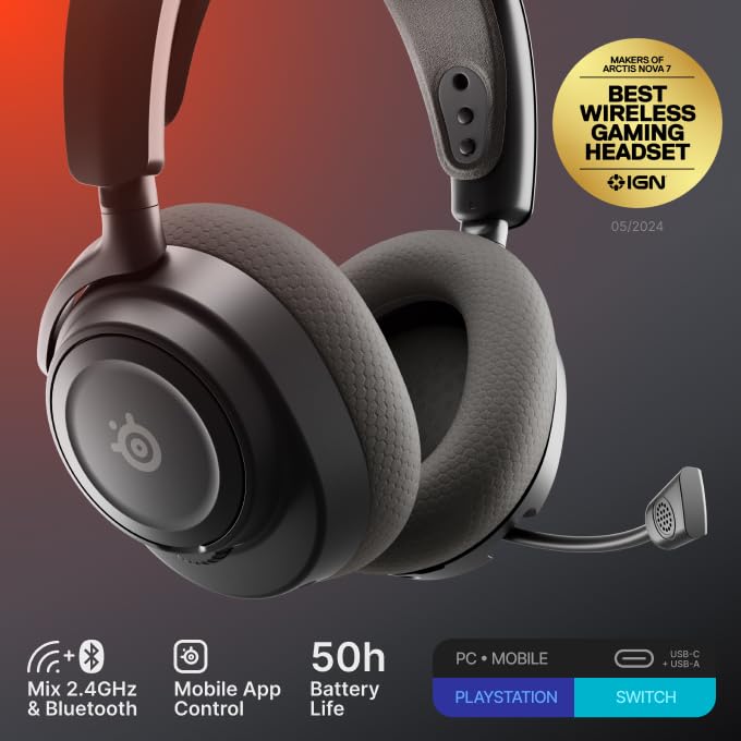 SteelSeries Arctis Nova 7 Wireless Gen 2 Gaming Headset - Real-Time App Control, 50+ HR Play, Neodymium Drivers, Mix 2.4GHz/Bluetooth, PC, PS5, PS4, Switch 1/2, Mobile - Black - color: Black, style: PC | PlayStation